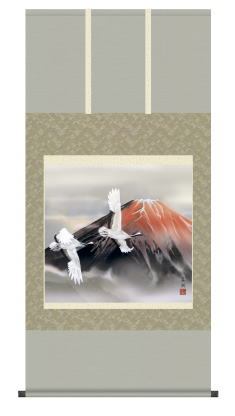 表装 掛軸 赤富士飛鶴